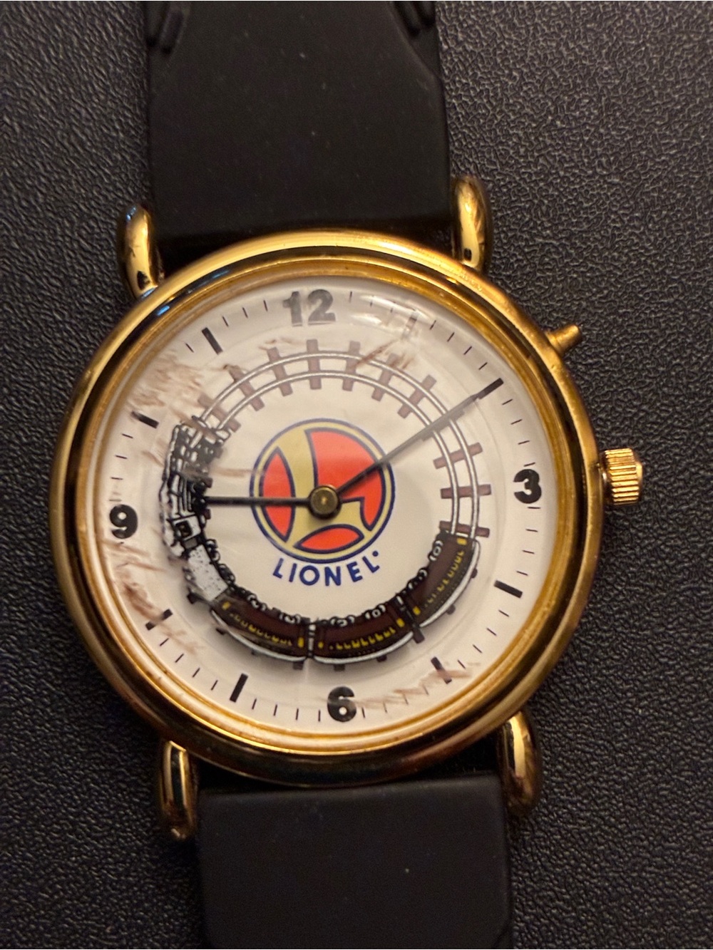 Lionel Gold Train Motif Watch — White Dial, Tin watch box